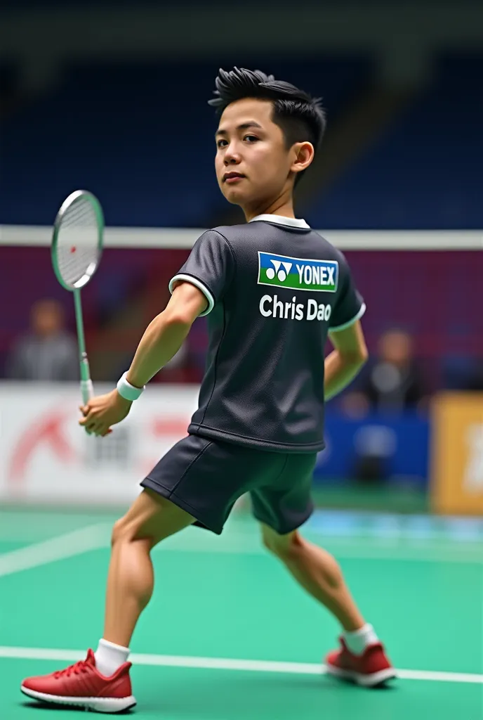 Make me a really cool badminton player figure with my face and look like real with the yonex logo on the back with the words Chris Dao and clear my face