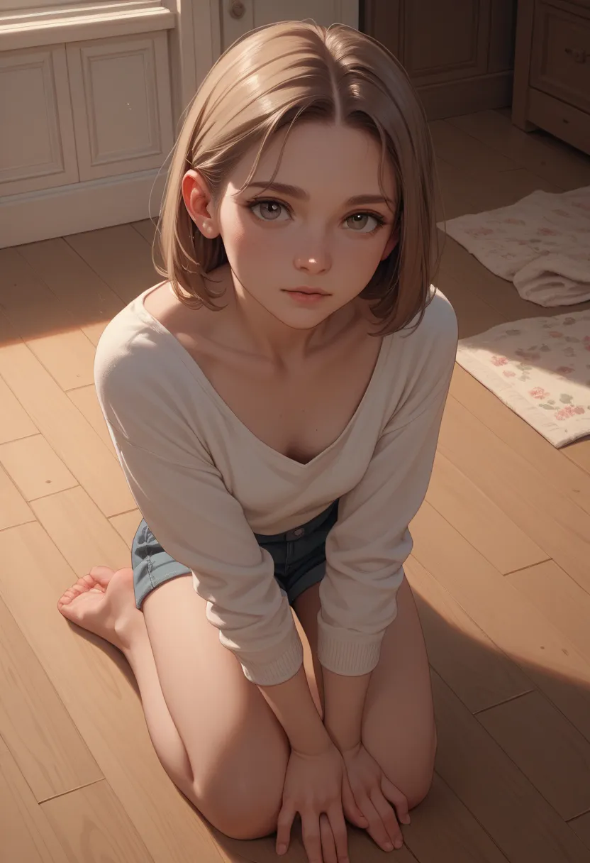 The young housewife gently slides down the floor, kneeling between your legs. She looks at you with a look full of desire, her hands down her thighs provocatively.