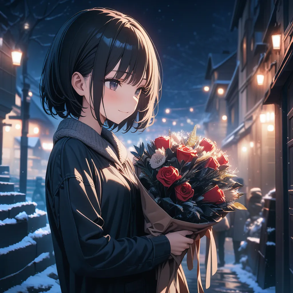 A masterpiece, hyper detailed, 8k, highest quality, light novel illustration,At night,in winter,1 girl, 20y,(Facing directly forward),(slender),extremely detailed face, black hair, short hair, short bangs,Small breasts,hold bouque,A little smile
