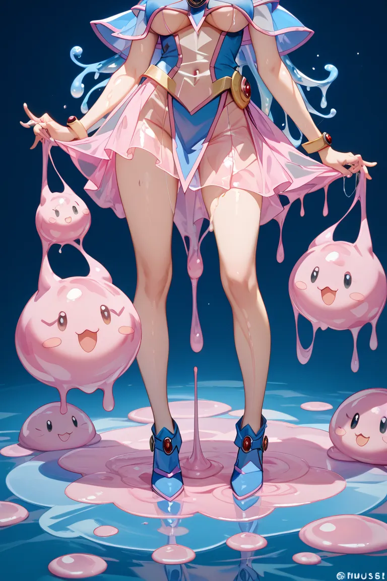 full body、半Transparent body、Transparent body、liquid hair、slime girl、What does a black magician girl look like、Pink Slime Liquid、Whole body fluid、Sticky、Sticky、Mucus body、Lower body mush、Large amounts of fluid from hands