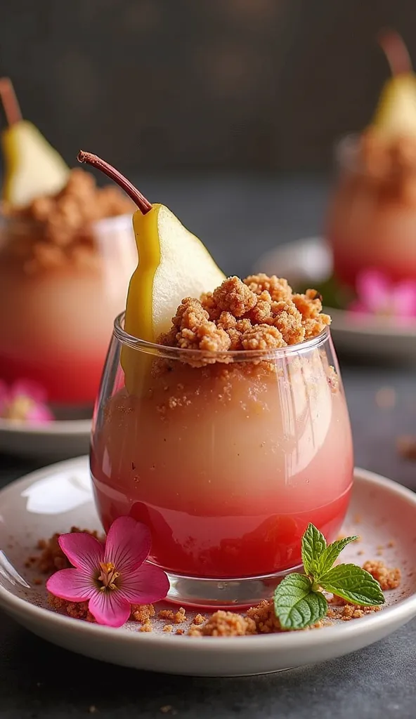 Hgraphic elements, Dynamic Light, Cinematics, HDR, UHD, professional PHOTOGRAPH OF:

"An elegant presentation of Caramel Red Wine Pears served on individual clear glass dessert cups, allowing the layers of caramel, watermelon coulis, and mini cookie crumbl...