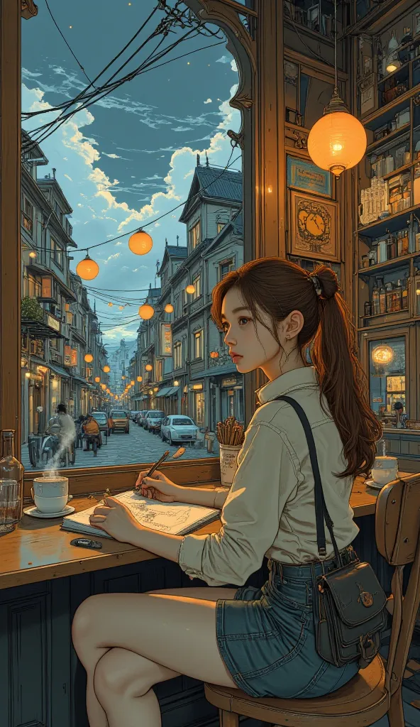 A young female artist with caramel brown hair and amber eyes, sitting by the window of a cozy cafe, sketching in her artbook. The cafe is filled with warm lighting, vintage wooden tables, and soft lofi music floating in the air. Steam rises from her latte,...