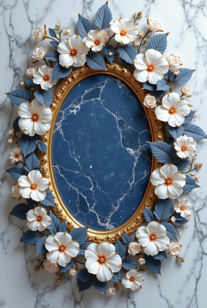 A luxurious 3D floral composition in 16:9 aspect ratio. The background features elegant white marble with subtle gray veining. At the center, a deep blue marble texture with intricate white cracks is encased in multiple golden circular frames. Surrounding ...