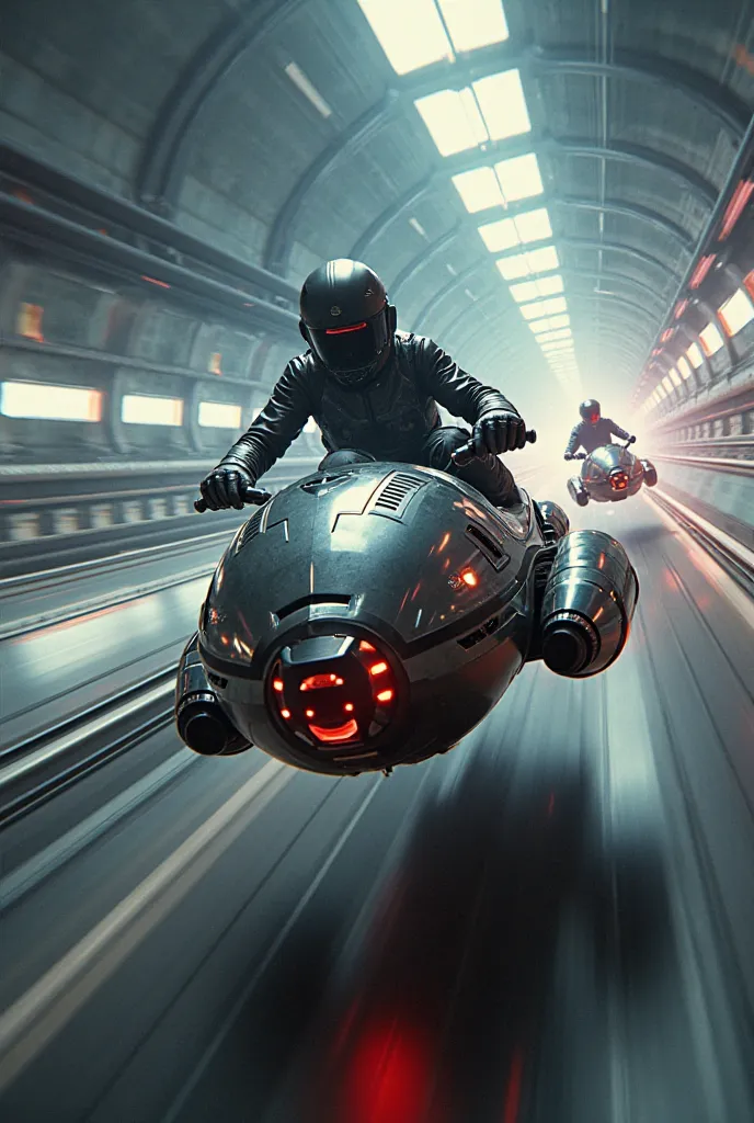 sci-fi, movie poster, World Hoverbike Championship, one-seat vehicles hover over the surface inside a 40 meters-wide and kilometers-long tube, dramatic thriller, detailed realism, no comedy