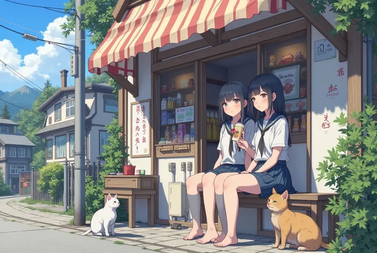 Two age girls, likely Japanese, are seated on a bench outside a small shop.  Both are wearing school uniforms: short-sleeved, light-colored shirts and navy blue skirts. One girl is eating an ice cream, and the other is holding a cup, leaning against the sh...