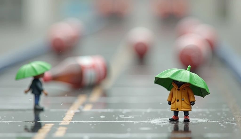 On a rainy day, a realistic miniature human stands on a wet asphalt road, using an overturned soda bottle cap as an umbrella to shield themselves from the falling raindrops. The tiny figure wears a detailed raincoat, with tiny droplets of water beading on ...