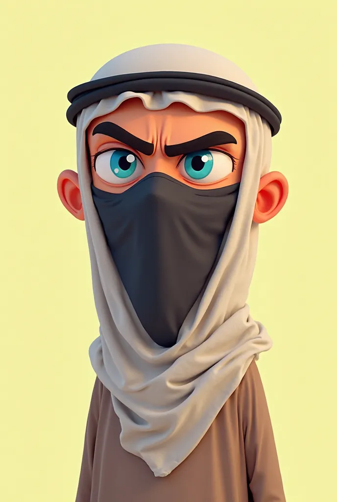 Annoyed eyes, wearing an Arab head covering, wearing a long mask that covers only the head and neck, facing right, and cartoon, and bright blue eyes that have no pupils