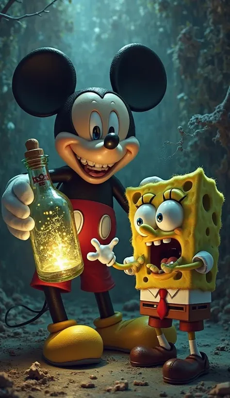 Mickey Mouse maliciously smiling, holding a shiny bottle with the "secret formula". SpongeBob wide-eyed SpongeBob, hands on the face,  in shock .*  