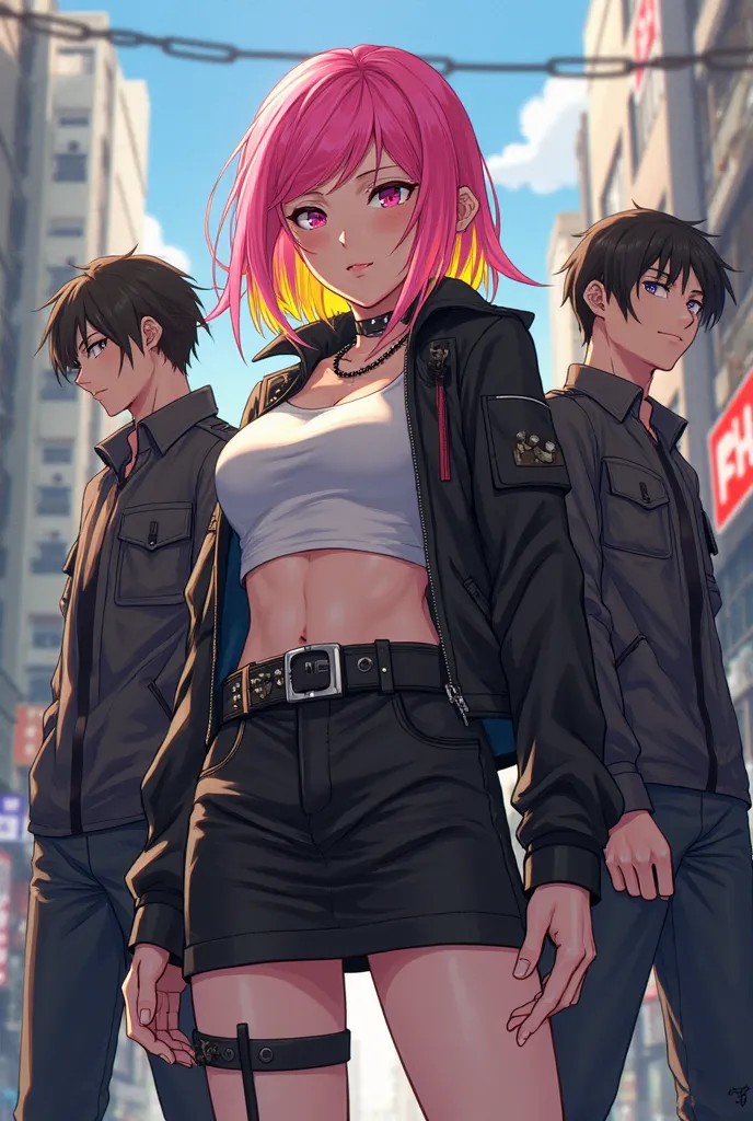 A girl from Tokyo Revengers with pink hair and yellow highlights wearing a black toman outfit with a short white shirt and a black skirt standing next to Senju and Takemichi. 