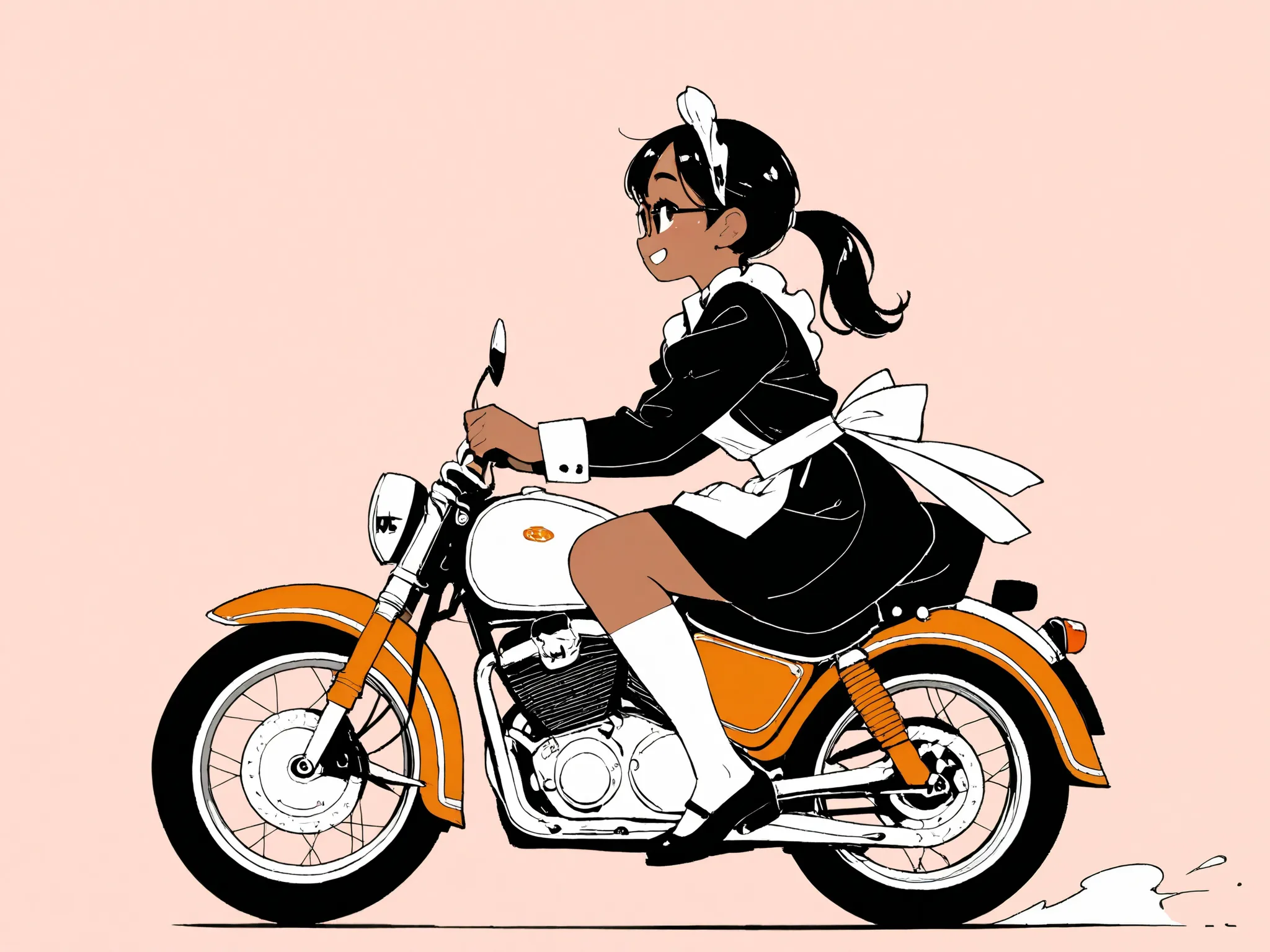 flat color,
best quality,
1maid,glasses,ponytail, black hair, black eyes, narrow eyes, tanned skin, shiny skin, tall, glamorous, 

delightful, smiling, european, 

riding motorcycle, outside,from side,