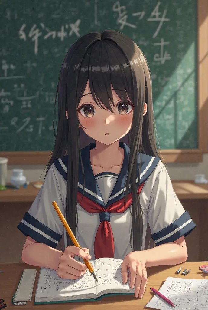 
A girl studying mathematics with school clothes seems to be tired of the subject. Her hair is black. She is a little sad. Her father sees in my father's notebook a beautiful girl who looks like an anime. Her father is very beautiful 