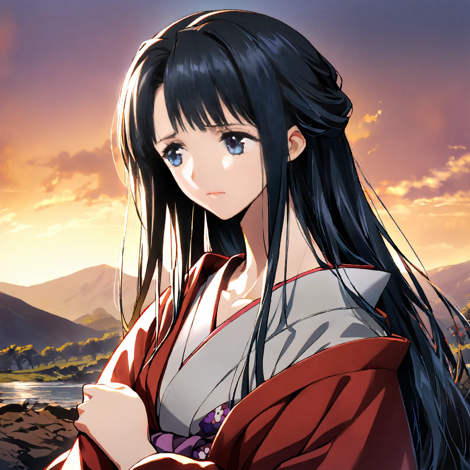 1 girl, solo, long hair, looks at one woman, chest, blue eyes,  black hair, High Resolution, masterpiece, anatomically correct, とてもlong hair, hair that flutters in the wind, Straight Hair,  Shoulder Hair , chest, 大きなchest,  happy/joy, sling, Black,  kimono...