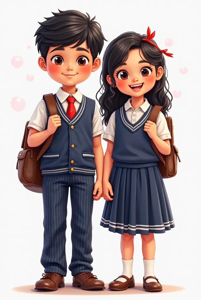 One boy and a girl who are  cute, smiling, mesmerising indian school students in school uniform, where the boy's uniform is white shirt and a navy blue vest has 3 buttons in the vest which is striped with white colour vertically , and navy blue pants which...