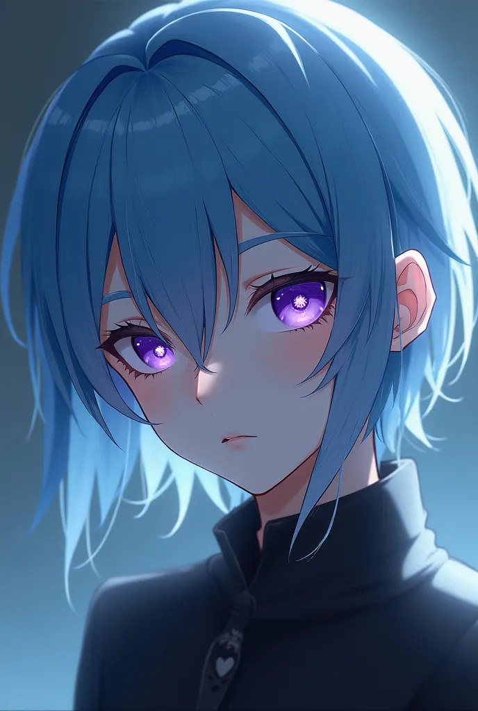 A age boy with sky blue ear length hair and violet eyes. Small button nose and a strong jaw.