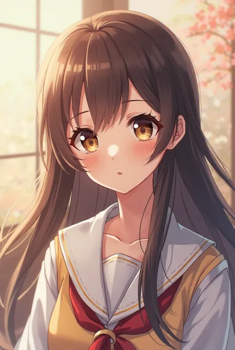 Japanese anime girl, long brown hair, bright brown eyes, softly smiling, in a Japanese school uniform, graceful, calm, peaceful