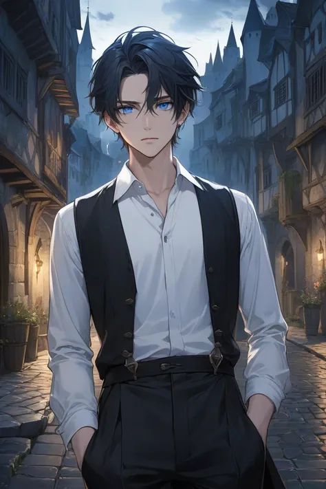 ((best quality)), ((masterpiece)), (detailed), Young man, semi realistic anime style, landscape, illustration, handsome, black middle part hair, piercing blue eyes, calm but gloomy expression, fantasy theme, Location setting in a medieval port in midnight,...