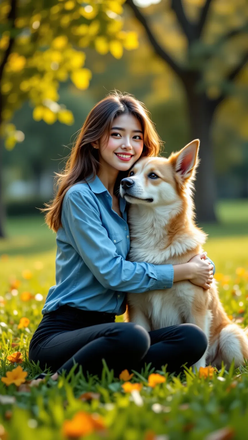 (((big boobs,slim body,female),(smiling),( blue shirt, Black Pants ))),She is hugging a big dog as if she were happy,A park with lots of grass,high resolution,Realistic,4K,Professional level,Extreme Details,HDR,Intense colors,Warm tone,photorealism