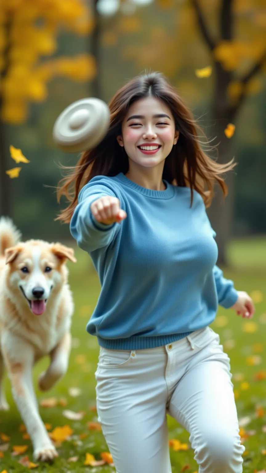 (((big boobs,slim body,female),(smiling),( blue sweater ,white pants))),She throws a discus ,a huge big dog runs towards the disc Super detailed,hyperrealistic, realistic,HDR,oil painting,Professional level,Clear Focus,Extremely Detailed Description,Profes...