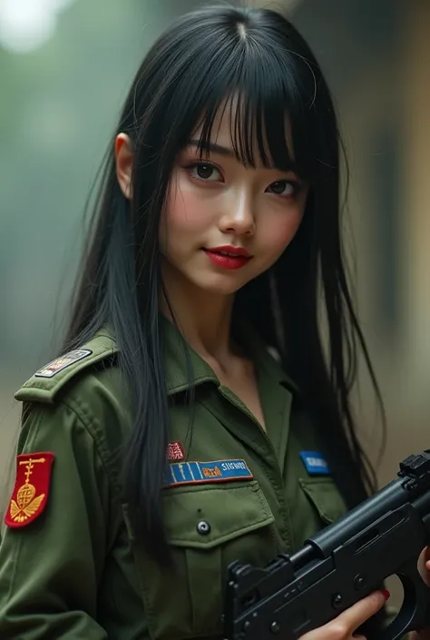 A highly detailed a Chinese woman Beautiful face and Smirk and Wink, with long straight black hair, a Very Beautiful figure Golden Ratio, and proportions Beautiful woman with a sweet face, and clear skin,  Thai female soldier in military uniform, torn (1:2...