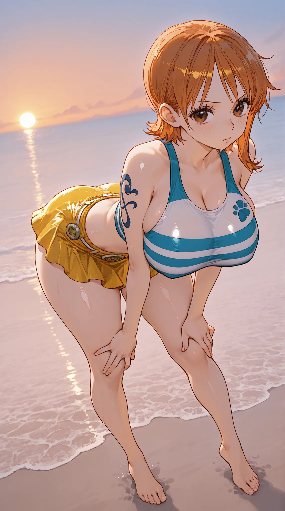 Nami /One Piece/, crop top with blue and white stripes, yellow skirt, leaning forward, impossible clothing, shiny skin, shiny clothes, barefoot, at beach, sunset ambience, female focus, solo, 1girl, big breast, thick thighs, thick hips, stretch waist, hold...