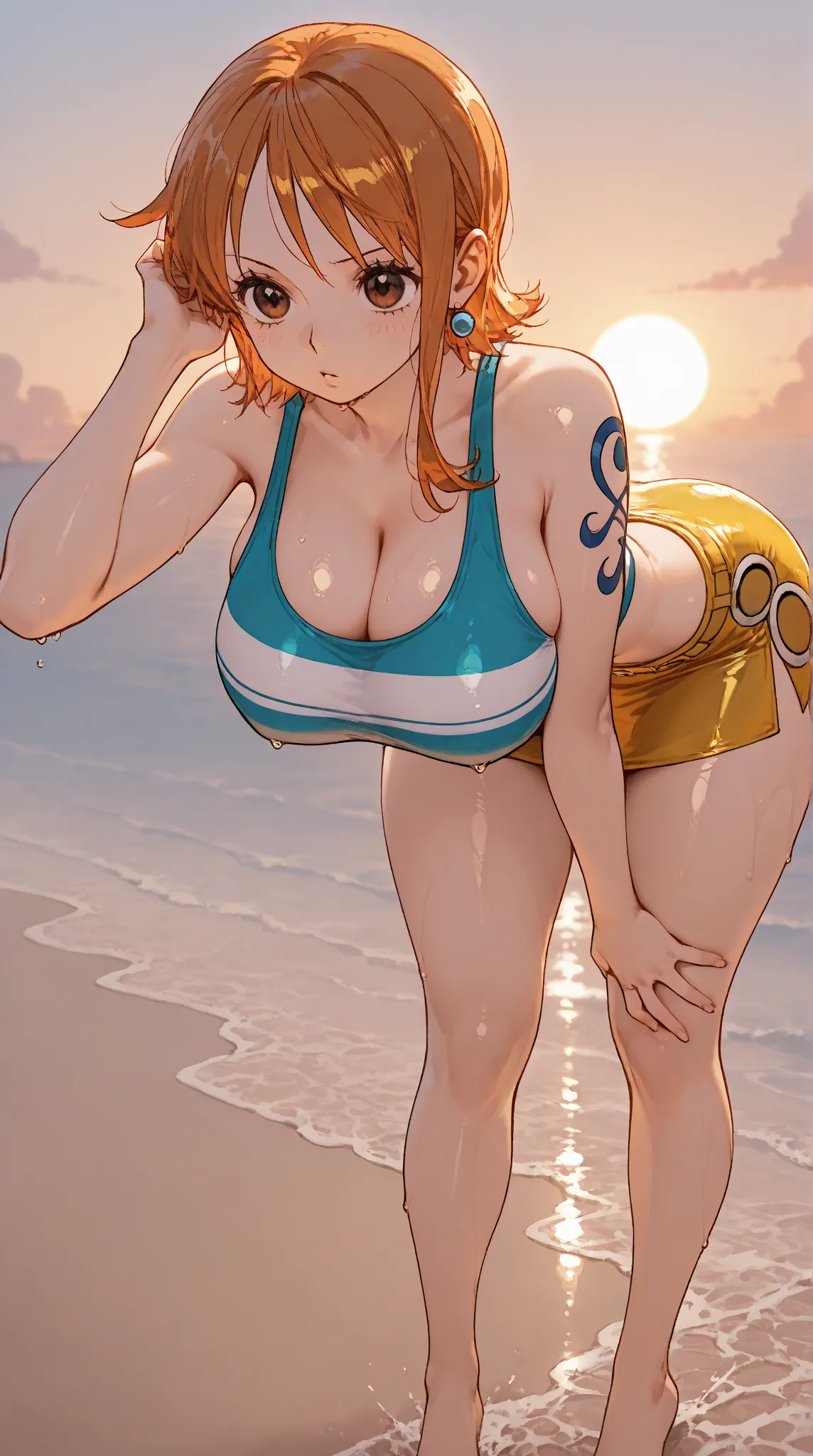 Nami /One Piece/, crop top with blue and white stripes, yellow skirt, leaning forward, impossible clothing, shiny skin, shiny clothes, barefoot, at beach, sunset ambience, female focus, solo, 1girl, big breast, thick thighs, thick hips, stretch waist, hold...