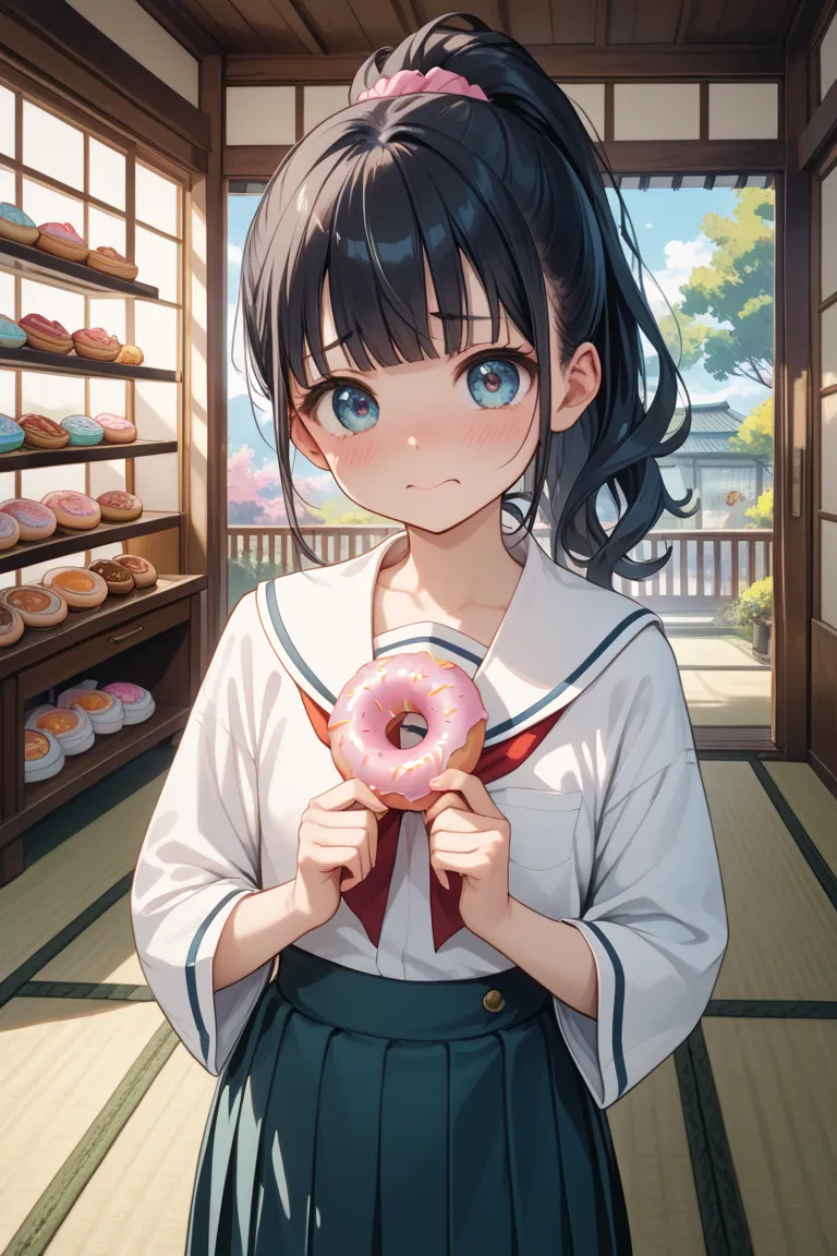 cute anime style with big eyes, one adult skinny body black-ponytail-haired Japanese girl with tight school uniform starting to rip at seams, flat belly slowly bulging, extremely embarrassed blushing face, being fed large donuts by an unseen hand, surround...