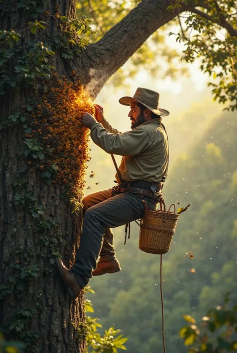 a man collecting honey roding a tree