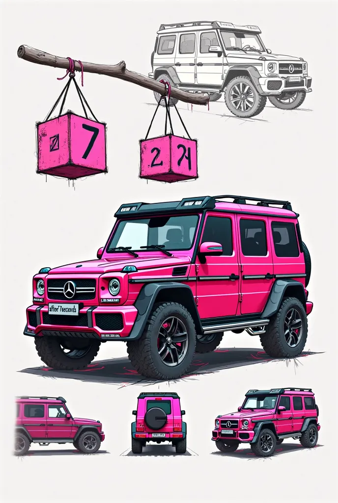 Draw me a G class in pink, the license plate should have the inscription after7seconds and two pink cubes with the number 7 should hang down on the windshield. The whole thing should look like drawn i.e. a sketch. Sign it more than one sketch. The dice sho...