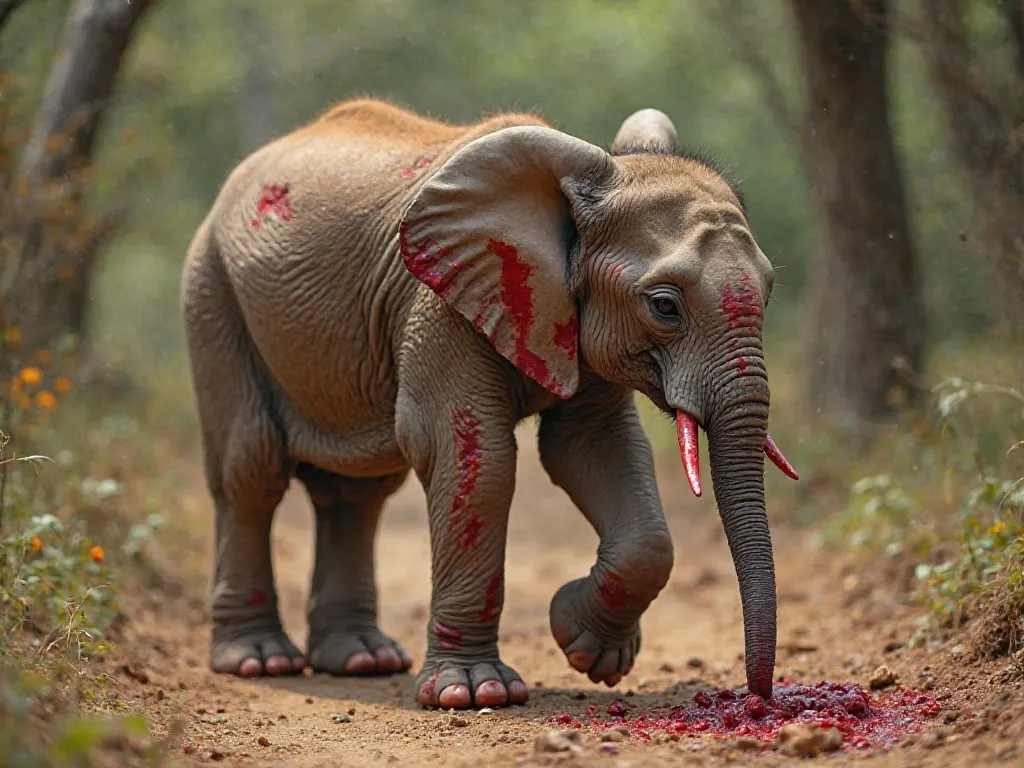 The lion finally releases its grip and disappears into the jungle, leaving the baby elephant badly wounded and trembling. Deep gashes cover its delicate body, each wound bleeding heavily. Blood seeps from the deep cuts, running down its legs and pooling on...