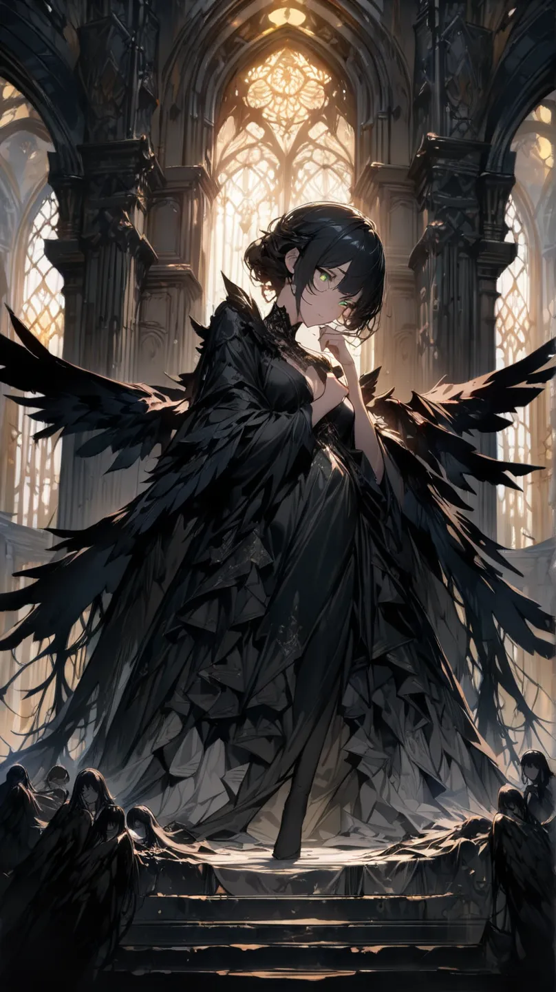 Concept is a fallen angel of a girl,wears black clothes and has black wings,She lies face down on the top floor of the tower, puts his hands on his chin and looks down at the underworld.An invincible smile,(((masterpiece))), (((best quality))), ((ultra-det...