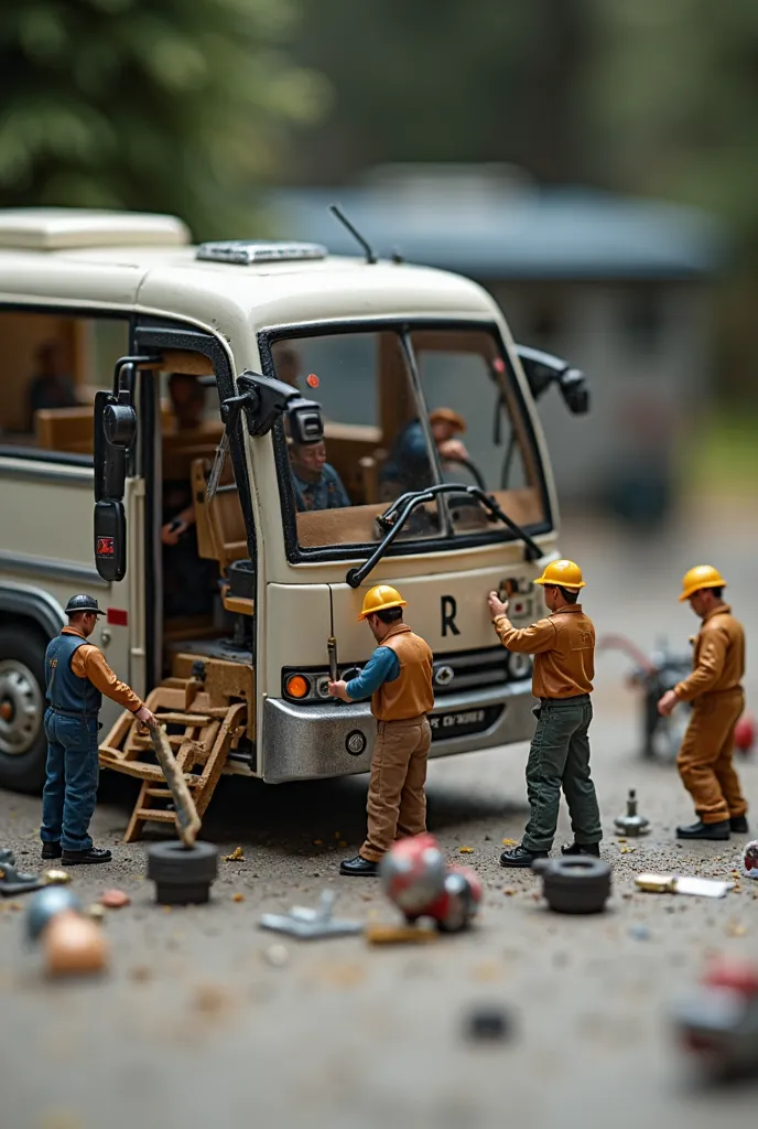 A studio photo of miniature people working around a tour bus. The scene is set in a well-lit, professional photography studio. The tiny workers are dressed in realistic uniforms and are engaged in various tasks around the bus, such as cleaning, repairing, ...