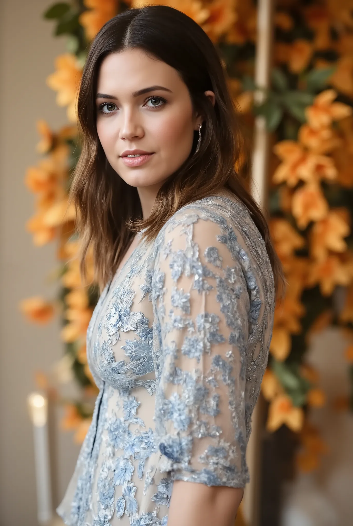 best quality, highres, 8k, masterpiece, photography, detailed midbody photorealistic portrait. Mandy Moore embodies a winter fairy tale in an ice blue chiffon babydoll with intricate silver embroidery, flowing sheer cape sleeves, and a high-slit skirt that...