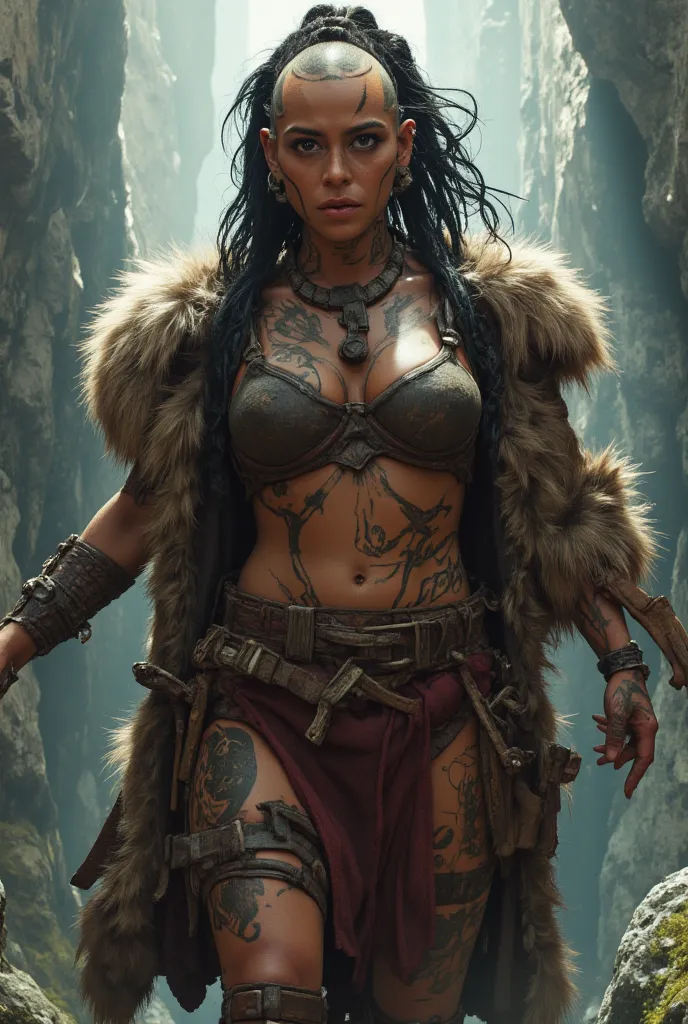  a Native American woman  , allure effrayante, armure en fourrure de bizon, ((   topless   )),     big chest  ,    Avec des cheveux rasés à l'exception d'une queue de cheval noire tressée,    pronounced black makeup   ,    fully tattooed body   , ((tanned ...