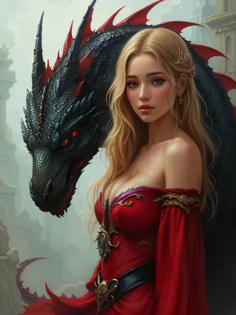 Close-up of a woman in a red dress with big breasts, voluptuous figure, huge breasts, with a dragon on her shoulders, queen of dragons, dragon woman portrait, dragon queen, dragon woman, Magali Villeneuve, amazing fantasy art, realistic fantasy artwork, de...