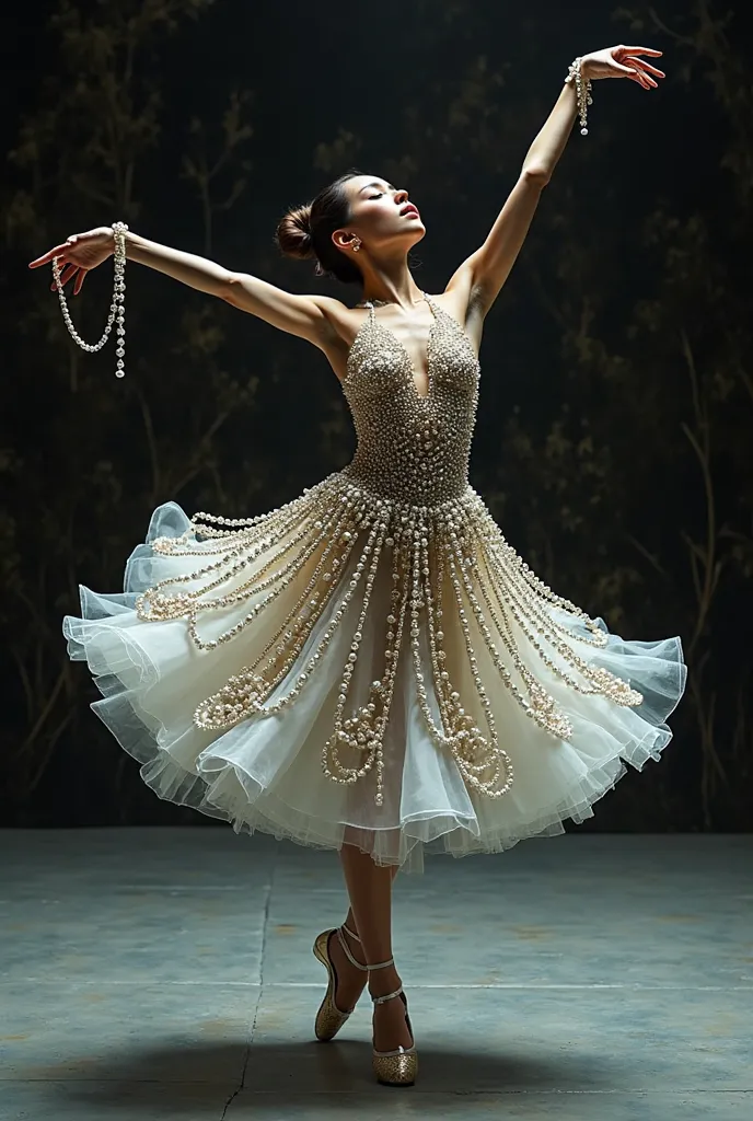 Ballerina wearing dress made out of pearls and chains
