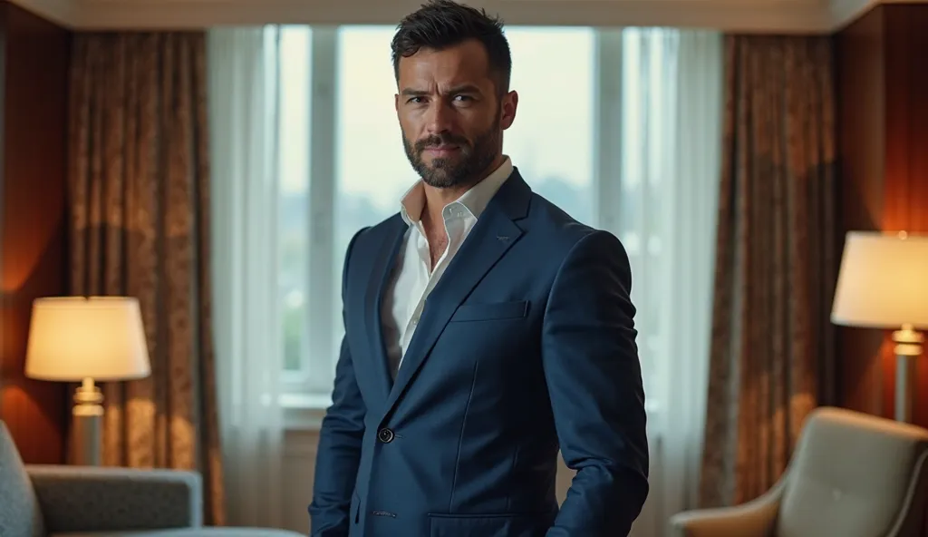 Create an image of a well-groomed man in a luxurious hotel room. He has short, dark hair and a neatly trimmed beard. He is dressed in a sophisticated blue suit, with the top button of his shirt undone, giving him a relaxed yet stylish appearance. The man s...