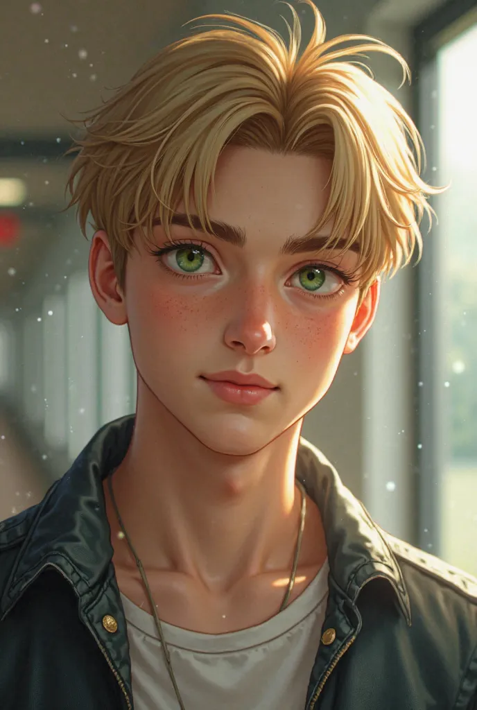 Blonde straight hair, green eyes ,slightly arched nose and not too full lips man. He is goes to high school