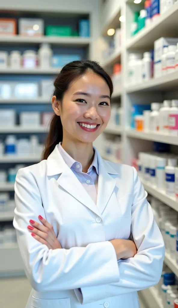 A professional photograph of a smiling saleswoman from a pharmacy. The saleswoman stands in front of a white display case of medicines and perfumery products, wearing a white coat. She has a cheerful expression , but accessible, pharmacy as if she were exa...