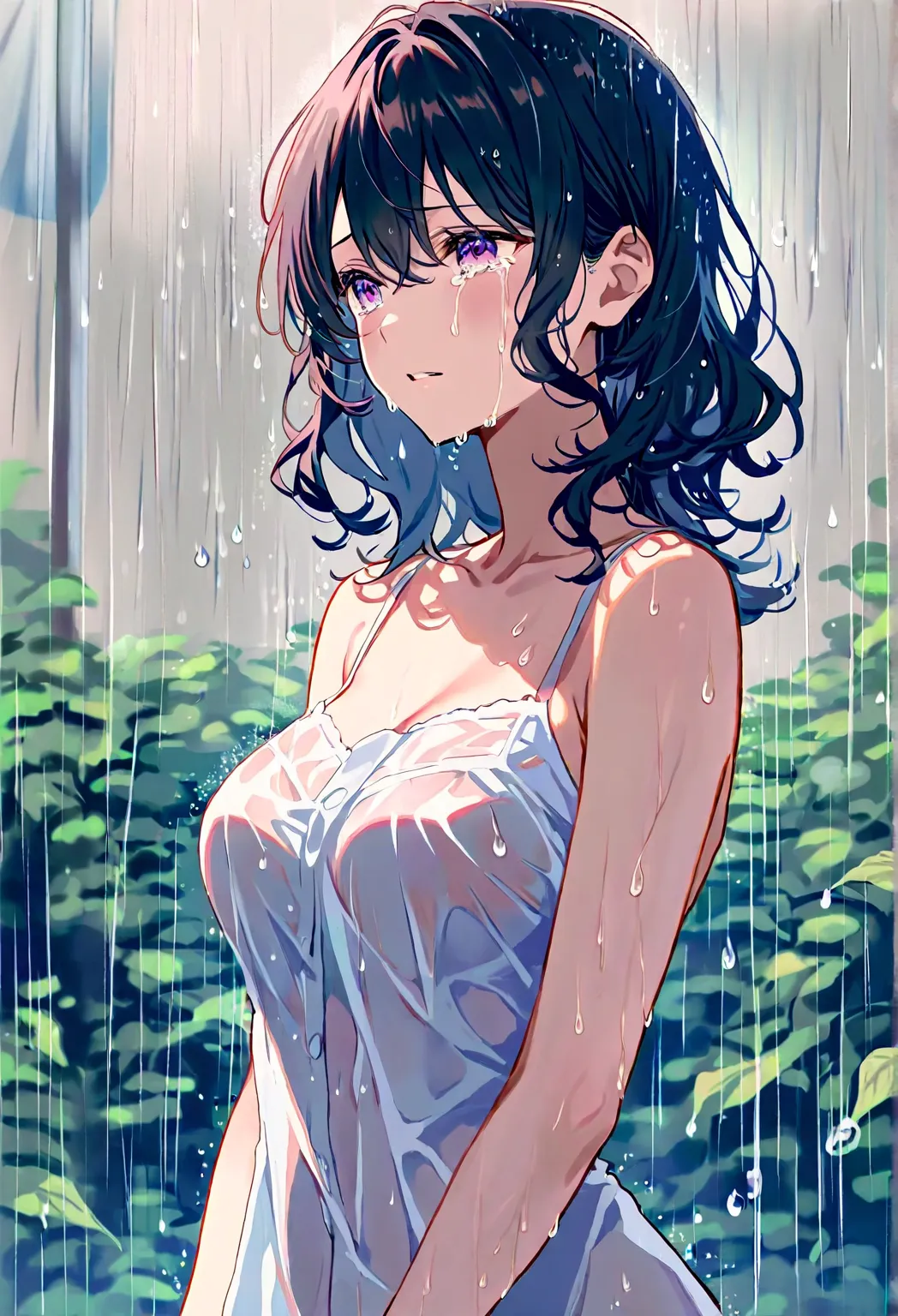 surreal, A masterpiece depicting a beautiful woman in detail, short, wavy hair, completely soaked in heavy rain. She's crying, The intense raindrops surrounding her, Water is flowing down her face and shoulders.  Aesthetic_pdxl. ,  Dark-Haired Man , I bow ...