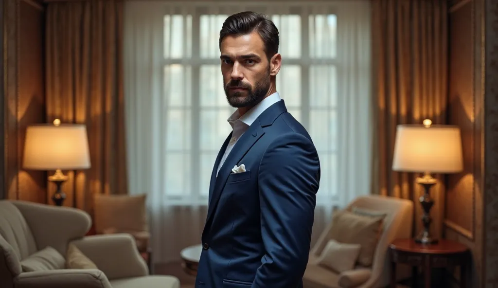 Create an image of a well-groomed man in a luxurious hotel room. He has short, dark hair and a neatly trimmed beard. He is dressed in a sophisticated blue suit, with the top button of his shirt undone, giving him a relaxed yet stylish appearance. The man s...