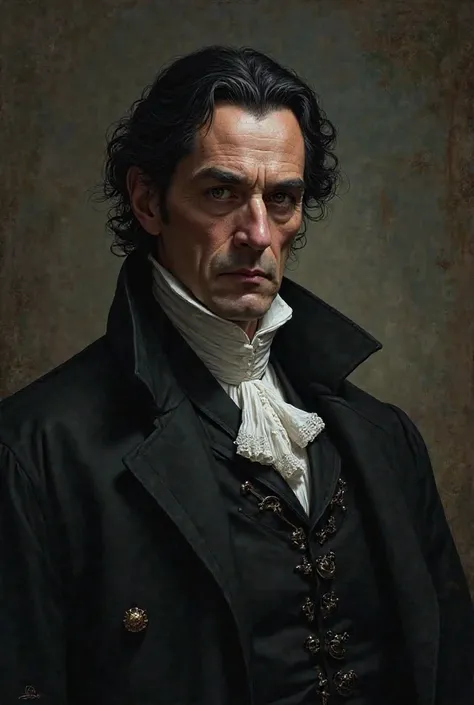 Spanish nobleman with black eyes and hair of 50 years old dressed in black with a white collar with a sinister look on his face.