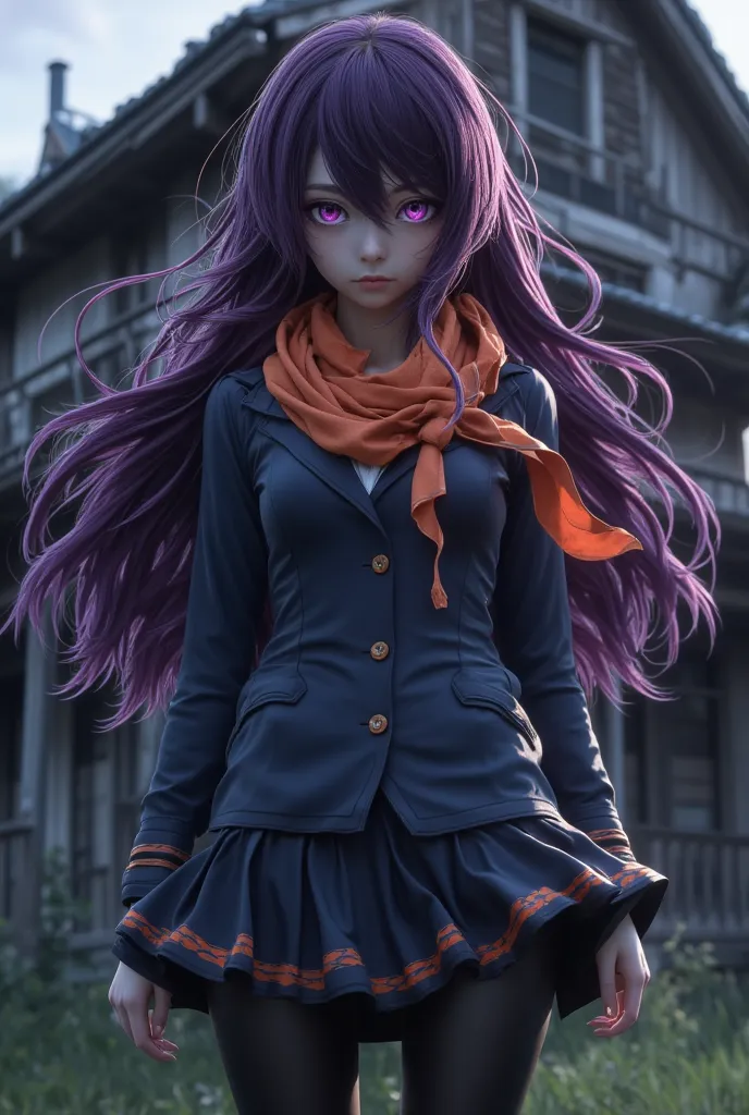 4K anime style quality, digital drawing mode, a tall and intense young woman with flowing dark purple hair and piercing violet eyes, wearing a dark blue school uniform with orange scarf, standing in front of an old wooden house, full body, eerie and obsess...