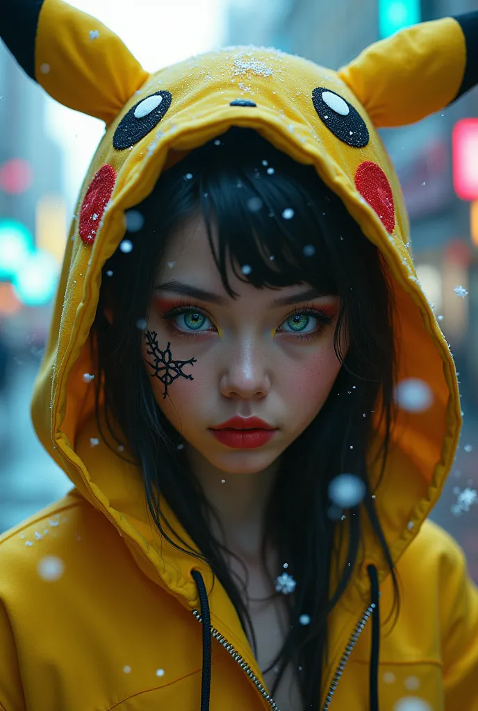 beautiful woman in a pikachu suit, in a cyberpunk, magical beauty, neon, face tattoo , cyberpunk 2077, Heterochromia of the eyes, высокое качество, 4K, neonовые частицы,  snow , 