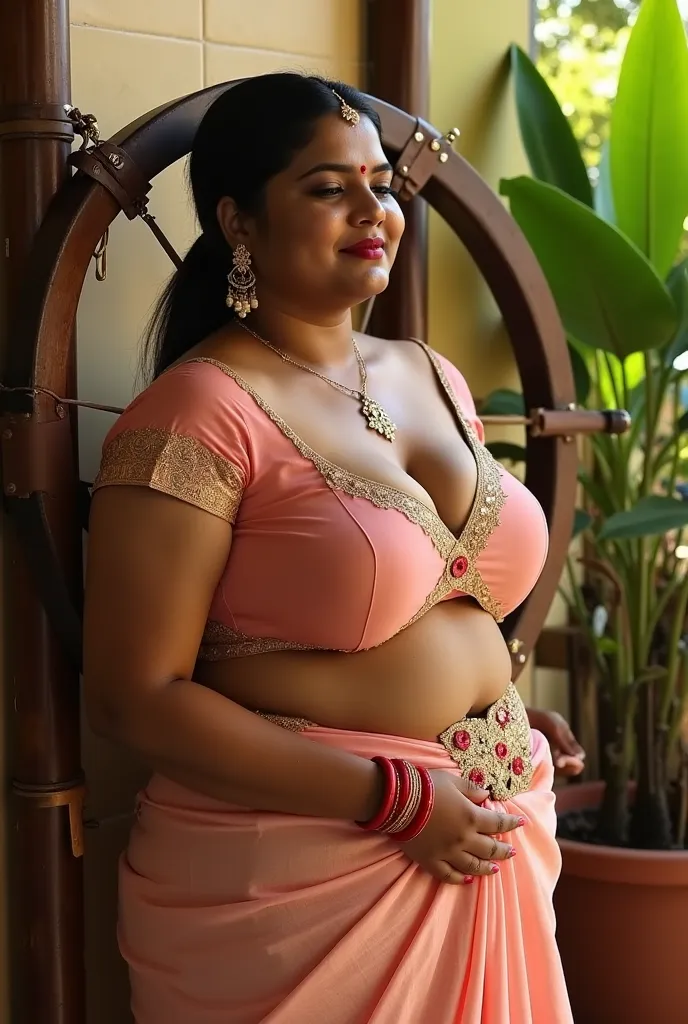 A  voluptuous plus size  Indian woman   mature, unsconsious.Her expression is seductive and horny, her eyes gently closed. She is tied to a large, wooden frame against the wall. unconsious body in contact with board, ,She has a deep brown complexion, full ...