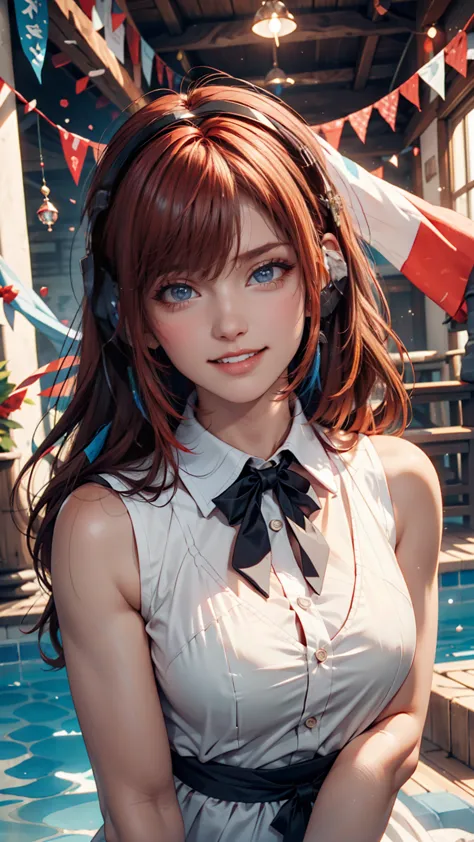 Song (dress), It shines brightly studded with Oda Eiichiro ,, , 1 girl, :d, bangs, blue ribbons, Diamonds-shaped pupils, Diamonds (shape),  o,  headphones , long hair, multicolored hair, open your mouth, purple eyes, red hair, ribbons,  shirt, signature, s...