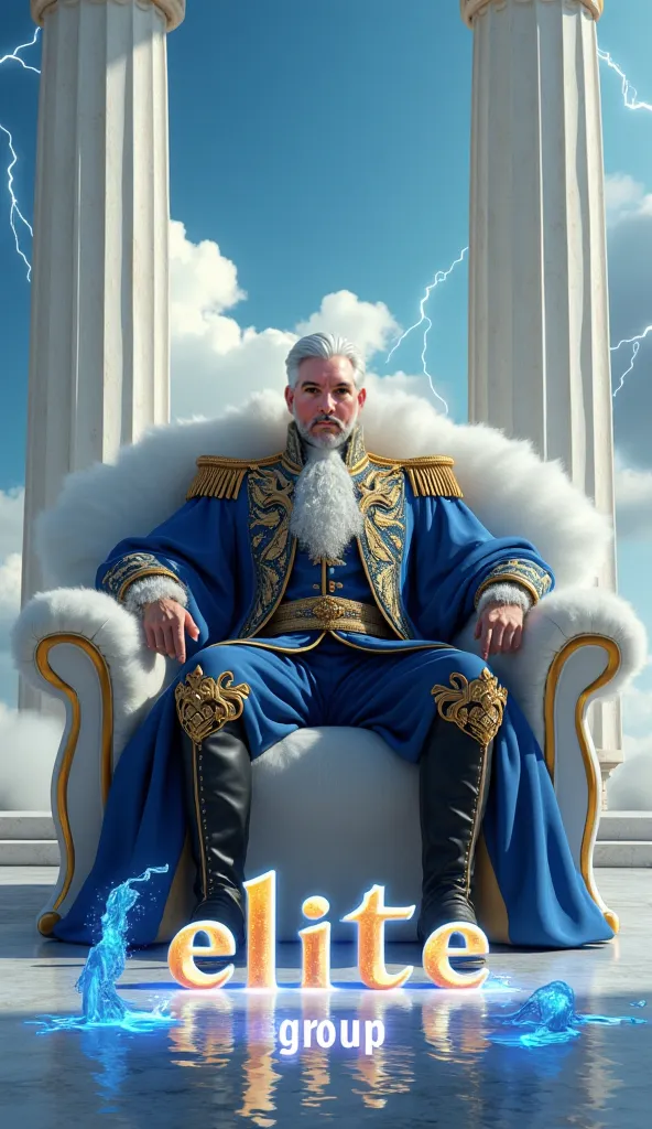 A manly man with white skin,  short silver hair , well-groomed and brown eyes, strong, dressed in an 18th century Russian Zat costume white ivory and gold, royal blue shirt, High black , and black high boots with gold details, sitting on a white throne sof...