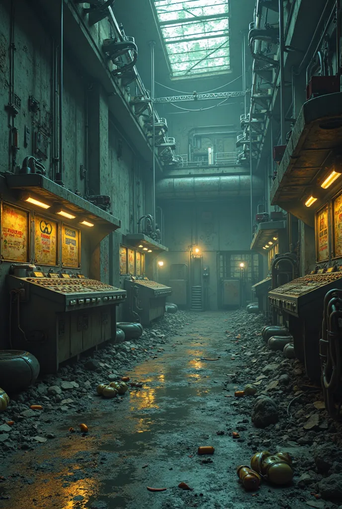 Creates a hyperrealistic and cinematic image of a post-apocalyptic industrial room, with a gloomy and oppressed environment. The scene must convey a sense of abandonment and decay, with traces of visible radioactivity in the form of warning signs, flashing...