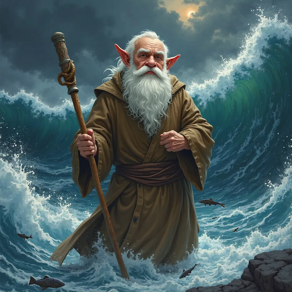 An elderly,  light-skinned  gnome, approximately 60 years old, stands amidst stormy waves.  He is depicted with a large, flowing, white beard and slightly curly white hair.  His expression is serious and determined, and he has a somewhat stern gaze.  He we...