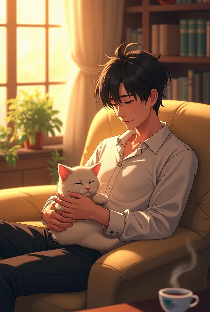 Masterpiece, ultra detail, high quality, 8K, cinematic lighting, heartwarming atmosphere, cozy setting.

An anime-style illustration of a stylish young Japanese man sitting in a cozy, softly lit room. He has a warm, gentle smile as he gently strokes a fluf...