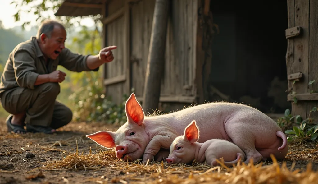 image of a low-lying scene of a small farm, a newborn baby lying with three piglets in the belly of a mother pig, the mother pig is looking back at the three pigs and the baby, underneath is a bit of straw, messy, behind there is a 40 year old Vietnamese f...